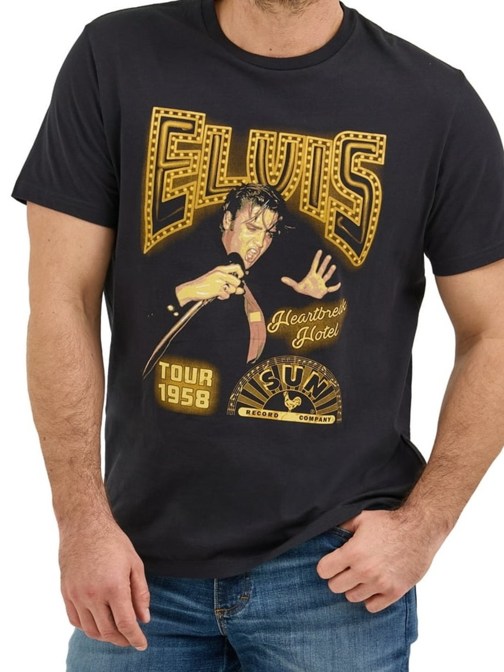 PELVIS Black Short Sleeve Tee with Gold Elvis Print
